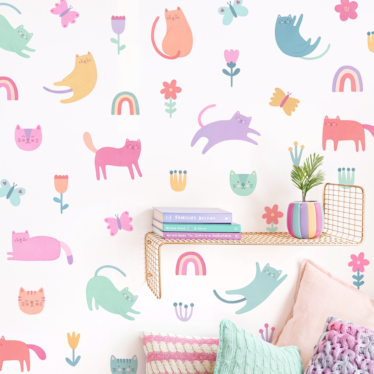 Cat and Flower Wall Decals - Removable & Reusable Wall Stickers, Peel and Stick Wall Decor for Kid's Rooms and Nurseries